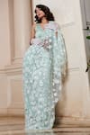 Buy_Esha L Amin_Green Net Embellished Bead V-neck Floral Sequin Saree With Blouse _at_Aza_Fashions