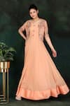 Shop_Nidhi Kejriwal_Peach Net Hand Embroidered Thread V Neck Anarkali With Jacket _Online_at_Aza_Fashions