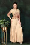 Nidhi Kejriwal_Beige Crepe Hand Embroidered Thread High Collar Top And Palazzo Set _at_Aza_Fashions