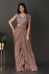 Buy_Nidhi Kejriwal_Grey Crepe Hand Embroidered Floral V Neck Pre-draped Saree With Blouse _at_Aza_Fashions