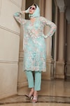 Buy_Esha L Amin_Blue Net Embroidered Sequin Kurta And Bralette V Neck Pant Set _at_Aza_Fashions