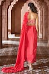 Aariyana Couture_Coral Viscose Crepe Embroidered Sweetheart Ruffle Draped Gown _Online_at_Aza_Fashions