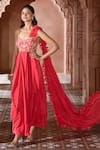 Shop_Aariyana Couture_Coral Viscose Crepe Embroidered Sweetheart Ruffle Draped Gown _at_Aza_Fashions