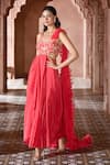 Aariyana Couture_Coral Viscose Crepe Embroidered Sweetheart Ruffle Draped Gown _at_Aza_Fashions