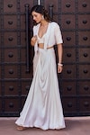 Shop_Aariyana Couture_Ivory Bustier And Skirt Modal Satin Hand Embroidered Floral Jacket & Draped Set _at_Aza_Fashions