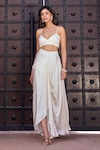 Aariyana Couture_Ivory Bustier And Skirt Modal Satin Hand Floral Jacket & Draped Set _Online