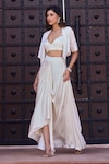 Buy_Aariyana Couture_Ivory Bustier And Skirt Modal Satin Hand Floral Jacket & Draped Set _Online