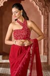 Aariyana Couture_Red Viscose Georgette Feather Border Pre-draped Saree With Blouse  _at_Aza_Fashions