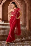 Buy_Aariyana Couture_Red Viscose Georgette Feather Border Pre-draped Saree With Blouse  