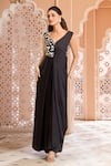 Buy_Aariyana Couture_Black Modal Satin Embroidered Floral Jaal V Neck Draped Saree Gown _at_Aza_Fashions