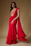 Buy_MAISOLOS_Red Georgette, Silk Sequins, Embroidery Pre-draped Tiered Saree With Blouse _at_Aza_Fashions