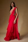 Buy_MAISOLOS_Red Georgette, Silk Sequins, Embroidery Pre-draped Tiered Saree With Blouse _Online_at_Aza_Fashions