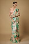 Buy_MAISOLOS_Peach Flat Chiffon Printed Floral V Neck Pre-draped Saree With Blouse _at_Aza_Fashions