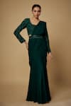 Buy_MAISOLOS_Green Georgette Embroidery, Cut Work Round Plain Pre-draped Saree With Blouse _at_Aza_Fashions