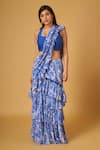 Buy_MAISOLOS_Blue Cotton Silk Printed Floral Square Pre-draped Saree With Blouse _at_Aza_Fashions