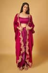 Buy_MAISOLOS_Magenta Modal Satin Embroidery Thread Round Neck Gardenia Cape Draped Skirt Set _at_Aza_Fashions