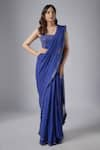 Buy_MAISOLOS_Blue Georgette Work Ruffle Pleated Border Pre-draped Saree With Blouse _at_Aza_Fashions