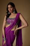 Maisolos_Purple Silk, Georgette Mirrors, Pre-draped Saree With Geometric Work Blouse _Online_at_Aza_Fashions