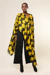Buy_Aeshaane_Yellow Tussar, Silk Collared Leaf Pattern Asymmetric Sleeve Kaftan _at_Aza_Fashions