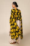 Shop_Aeshaane_Yellow Tussar, Silk Collared Leaf Pattern Asymmetric Sleeve Kaftan _at_Aza_Fashions