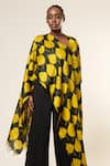 Aeshaane_Yellow Tussar, Silk Collared Leaf Pattern Asymmetric Sleeve Kaftan _Online_at_Aza_Fashions