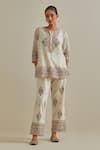 Buy_KORA_Pink Top Cotton Chanderi Embroidered Silk Patchwork Short And Pant Set _at_Aza_Fashions