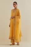 Buy_KORA_Yellow Kurta And Dupatta Cotton Chanderi Embroidered Mirror Long Set  _at_Aza_Fashions