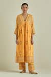 KORA_Yellow Kurta And Dupatta Cotton Chanderi Patchwork Gathered Set _Online_at_Aza_Fashions