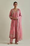 Buy_KORA_Pink Kurta And Dupatta Cotton Chanderi Patchwork Gathered Set _at_Aza_Fashions