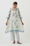 Upavita_Off White Kurta And Dupatta Cotton Chanderi Hand Block Flower A-line Pant Set _Online_at_Aza_Fashions