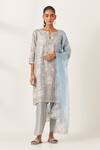 Buy_KORA_Blue Kurta And Pant Silk Embroidered Aari Notched Work Set _at_Aza_Fashions