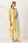 Buy_KORA_Yellow Kurta And Pant Silk Embroidered Aari Notched Applique Work Set  _at_Aza_Fashions