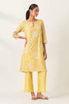 KORA_Yellow Kurta And Pant Silk Embroidered Aari Notched Applique Work Set  _Online_at_Aza_Fashions