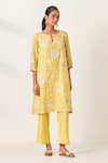 Buy_KORA_Yellow Kurta And Pant Silk Embroidered Aari Notched Applique Work Set  _Online_at_Aza_Fashions