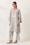 KORA_Blue Kurta And Pant Silk Embroidered Aari Notched Floral Applique Set  _Online_at_Aza_Fashions