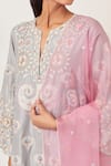 KORA_Blue Kurta And Pant Silk Embroidered Aari Notched Floral Applique Set  _at_Aza_Fashions