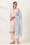 Buy_KORA_Pink Kurta And Pant Silk Embroidered Aari Notched Applique Set _at_Aza_Fashions