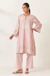 Buy_KORA_Pink Kurta And Pant Silk Embroidered Aari Notched Applique Set _Online_at_Aza_Fashions