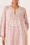 KORA_Pink Kurta And Pant Silk Embroidered Aari Notched Applique Set _at_Aza_Fashions