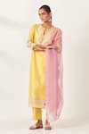 Buy_KORA_Yellow Kurta And Pant Silk Embroidered Aari Notched Floral Set  _at_Aza_Fashions