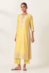 Buy_KORA_Yellow Kurta And Pant Silk Embroidered Aari Notched Floral Set  _Online_at_Aza_Fashions