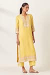 Shop_KORA_Yellow Kurta And Pant Silk Embroidered Aari Notched Floral Set  _Online_at_Aza_Fashions