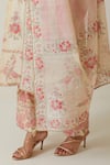 KORA_Beige Kurta Printed Floral Notched Tissue Chanderi Pant Set _at_Aza_Fashions