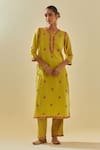 Buy_KORA_Yellow Dupatta Silk Applique Sequin Embellished Kurta Pant Set  _Online_at_Aza_Fashions