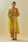 Buy_KORA_Yellow Dupatta Silk Organza Stripe Floral Applique Kurta Pant Set  _at_Aza_Fashions