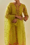 Shop_KORA_Yellow Dupatta Silk Organza Stripe Floral Applique Kurta Pant Set  _Online_at_Aza_Fashions