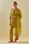 Buy_KORA_Yellow Dupatta Silk Organza Bead Chevron Short Kurta Pant Set  _at_Aza_Fashions