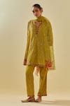 KORA_Yellow Dupatta Silk Organza Bead Chevron Short Kurta Pant Set  _at_Aza_Fashions