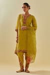 Buy_KORA_Yellow Dupatta Silk Applique Embellished Panelled Kalidar Salwar Set  _at_Aza_Fashions