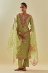 Buy_KORA_Green Dupatta Silk Floral Applique Embellished Chevron Kurta Pant Set _at_Aza_Fashions